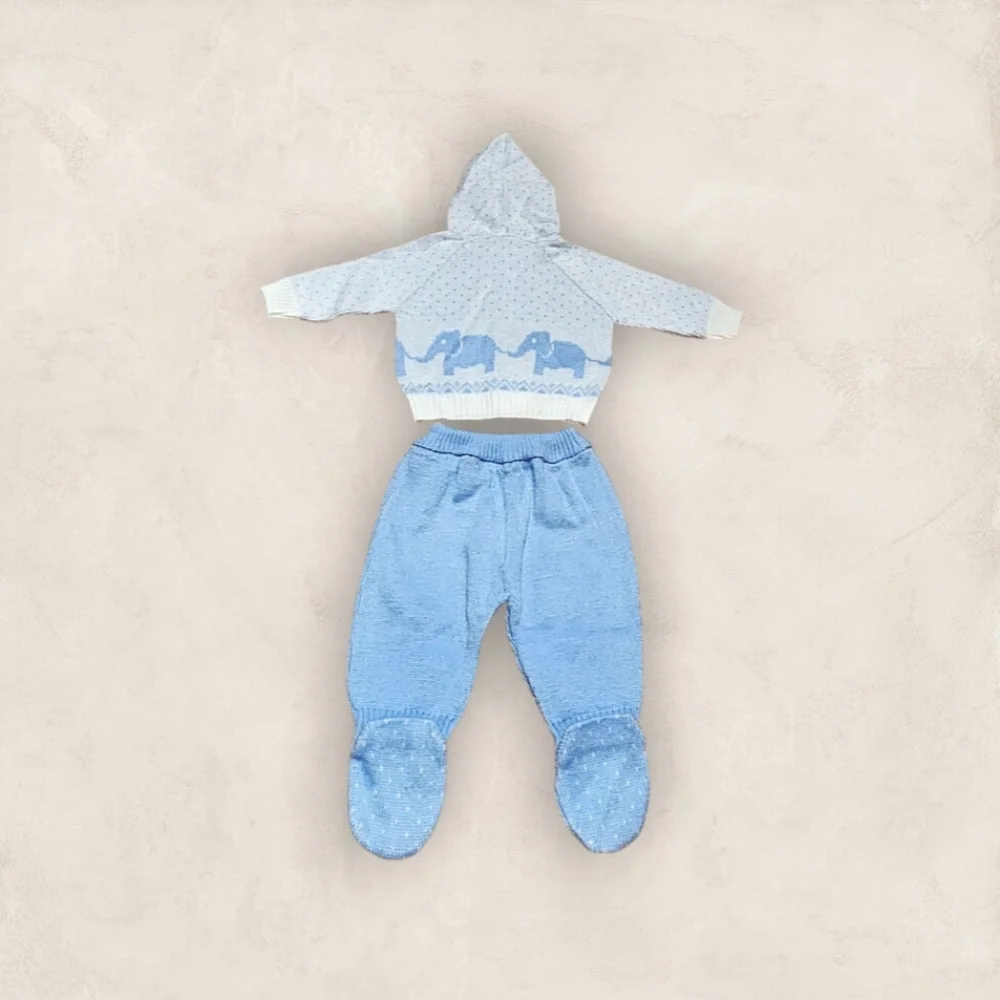Hooded Double-Breasted Elephant Knit Sweater & Footed Pants 3/6M